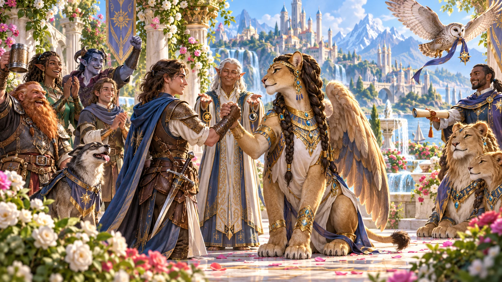 Fantasy editorial illustration of mutual resolution, family, a messenger and a story hook